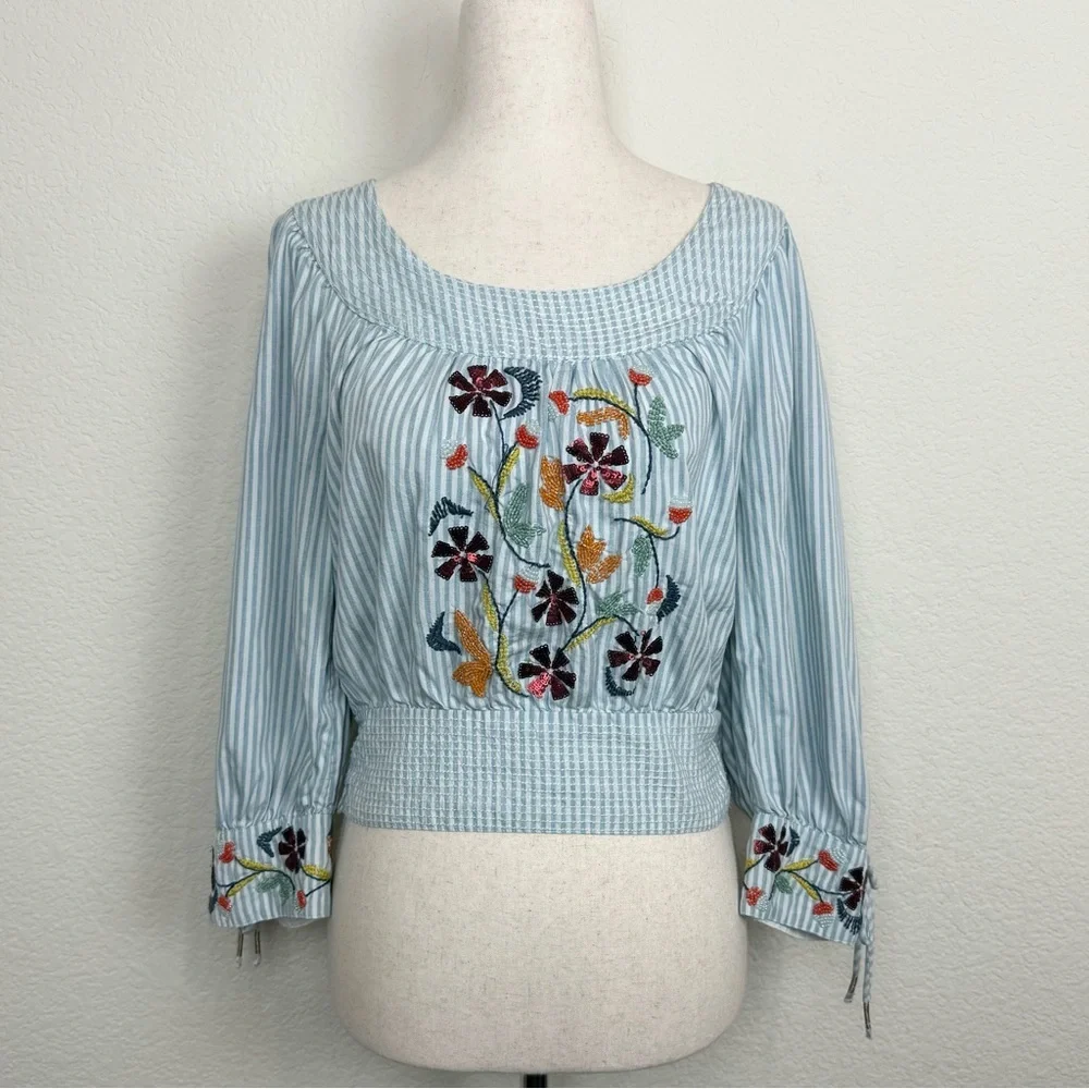 Anthropologie Beaded Puff-Sleeved Blouse Size Small‎